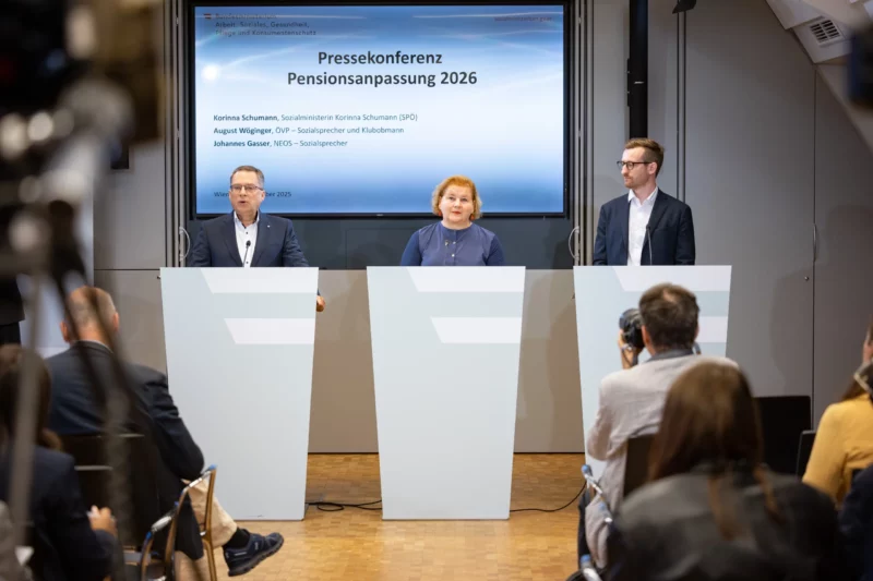 Für die überwiegende Mehrheit der Pensionsbezieher ist eine volle Inflationsabgeltung vorgesehen: ÖVP-Klubobmann August Wöginger, Sozialministerin Korinna Schumann (SPÖ) und NEOS-Sozialsprecher Johannes Gasser präsentierten am Freitag die Einzelheiten zur Pensionsanpassung 2026. Foto: Jakob Glaser