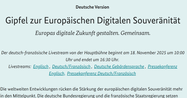 Der Gipfel zur Europäischen Digitalen Souveränität ist per Livestream öffentlich.