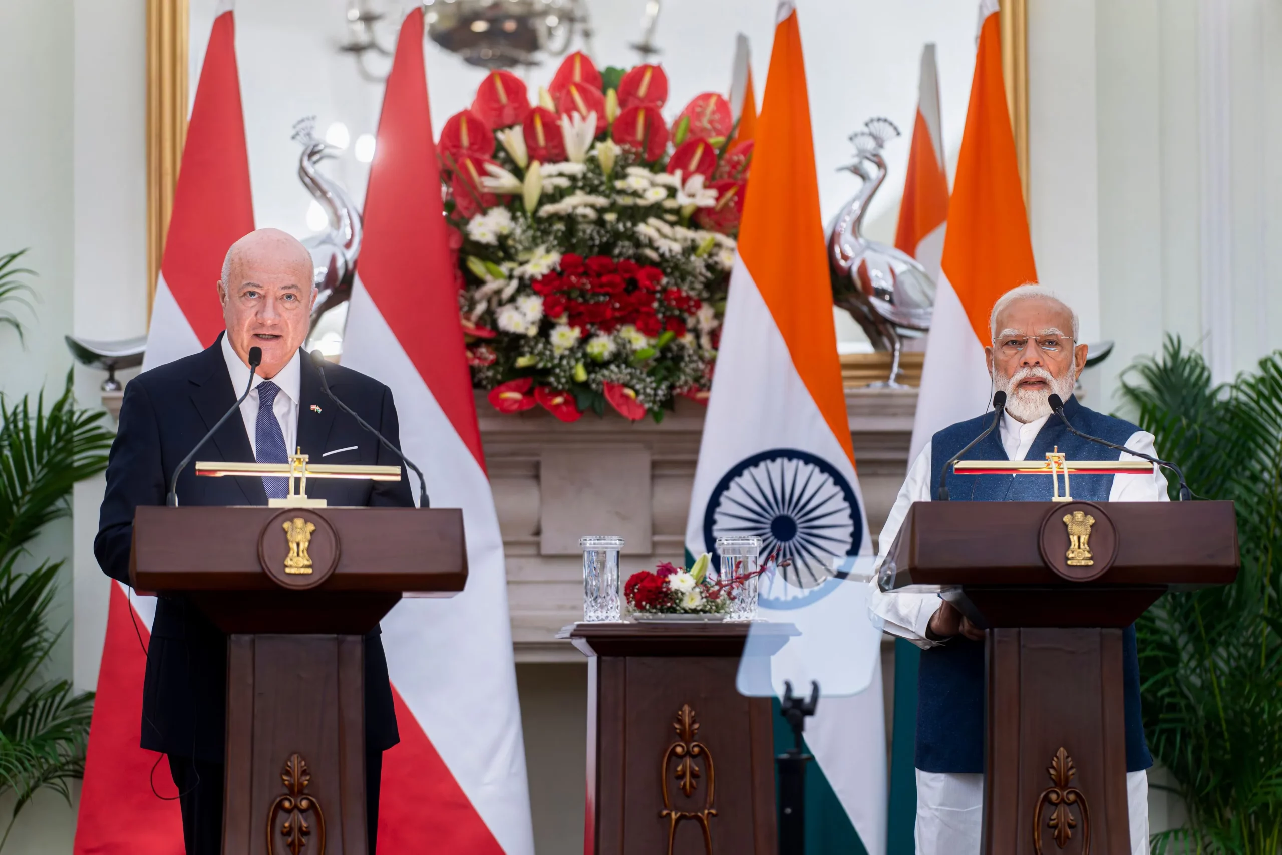 Bundeskanzler Christian Stocker und Indiens Premierminister Narendra Modri erläuterten am Donnerstag die vereinbarte Vertiefung der wirtschaftlichen Beziehungen und damit die Chancen für österreichische Unternehmen auf Indiens Märkten. Fotos: Florian Schrötter