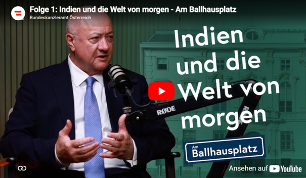 "Am Ballhausplatz" ist der Titel eines neuen Podcast aus dem Bundeskanzleramt. Zum Auftakt berichtet Regierungschef Christian Stocker über die Reise nach Indien und den Business Summit in Delhi. Screenshot Bka