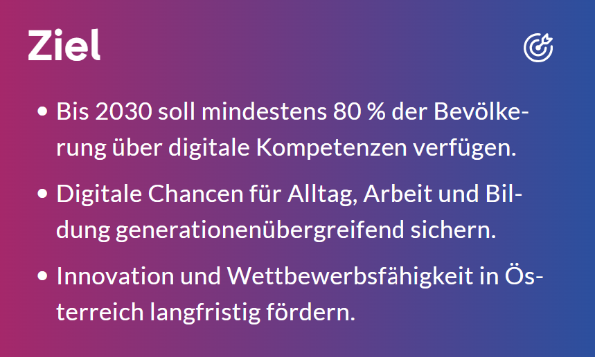 Breite Information und Bildung zu digitalen Kompetenzen. Screenshot Digital Austria
