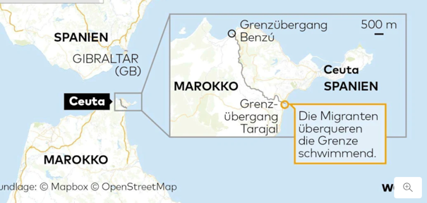 Ceuta liegt nordöstlich an der Grenze zu Marokko. Karte: Die Welt