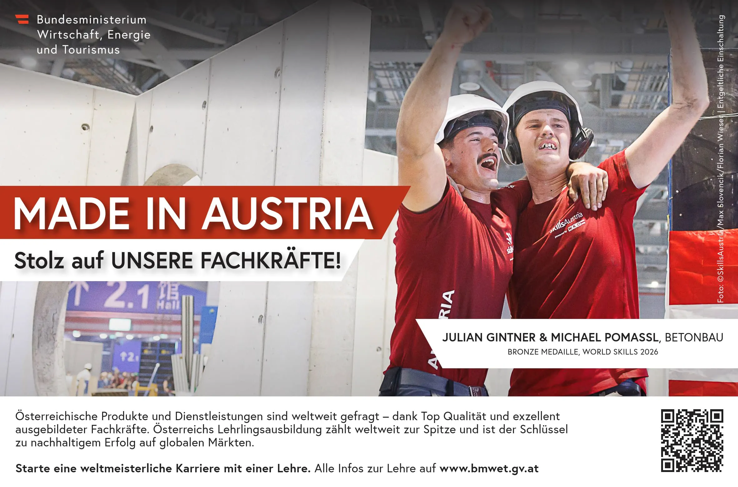Julian Gintner und Michael Pomassl belegten bei den World Skills in der Kategorie Betonbau den dritten Platz. Sie stehen für Leistung der Lehre und eine Imagekampagne. Foto: BMWET