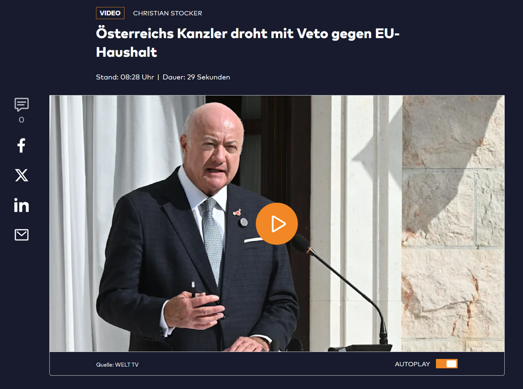 Bundeskanzler Christian Stocker: Die Höhe des EU-Budgets hat eine Schmerzgrenze erreicht. Bild: Screenshot "Die Welt"