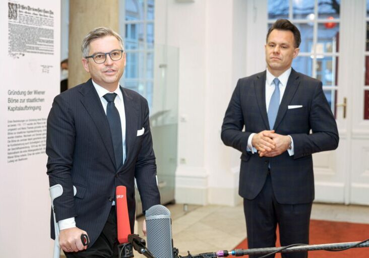 Besuch an der Wiener Börse: Finanzminister Magnus Brunner bei Börse-Chef Christoph Boschan. Foto: Börse