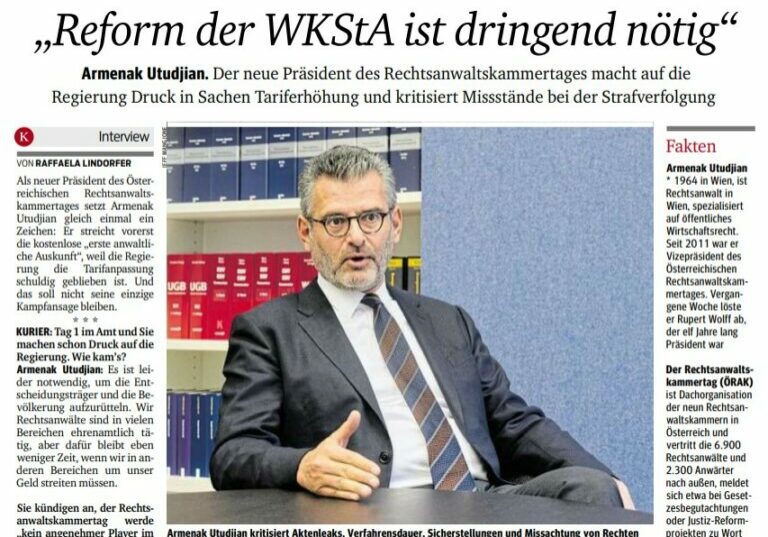 Der Präsident des Rechtsanwaltskammertages, Armenak Utudjian, kritisiert langwierige Verfahren und Missachtung von Rechten unbeteiligter Personen. Foto: Screenshot "Kurier" 27.10., Zur-Sache
