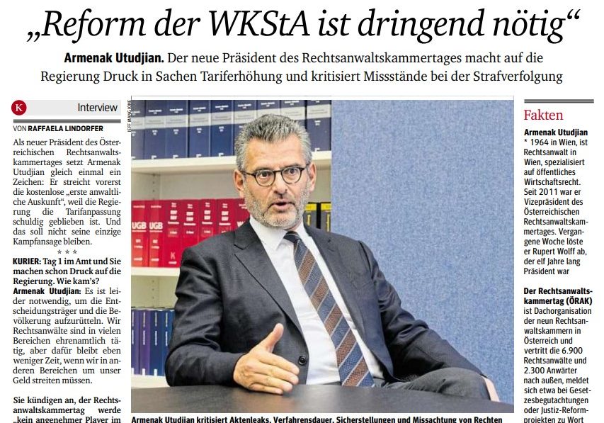 Der Präsident des Rechtsanwaltskammertages, Armenak Utudjian, kritisiert langwierige Verfahren und Missachtung von Rechten unbeteiligter Personen. Foto: Screenshot "Kurier" 27.10., Zur-Sache