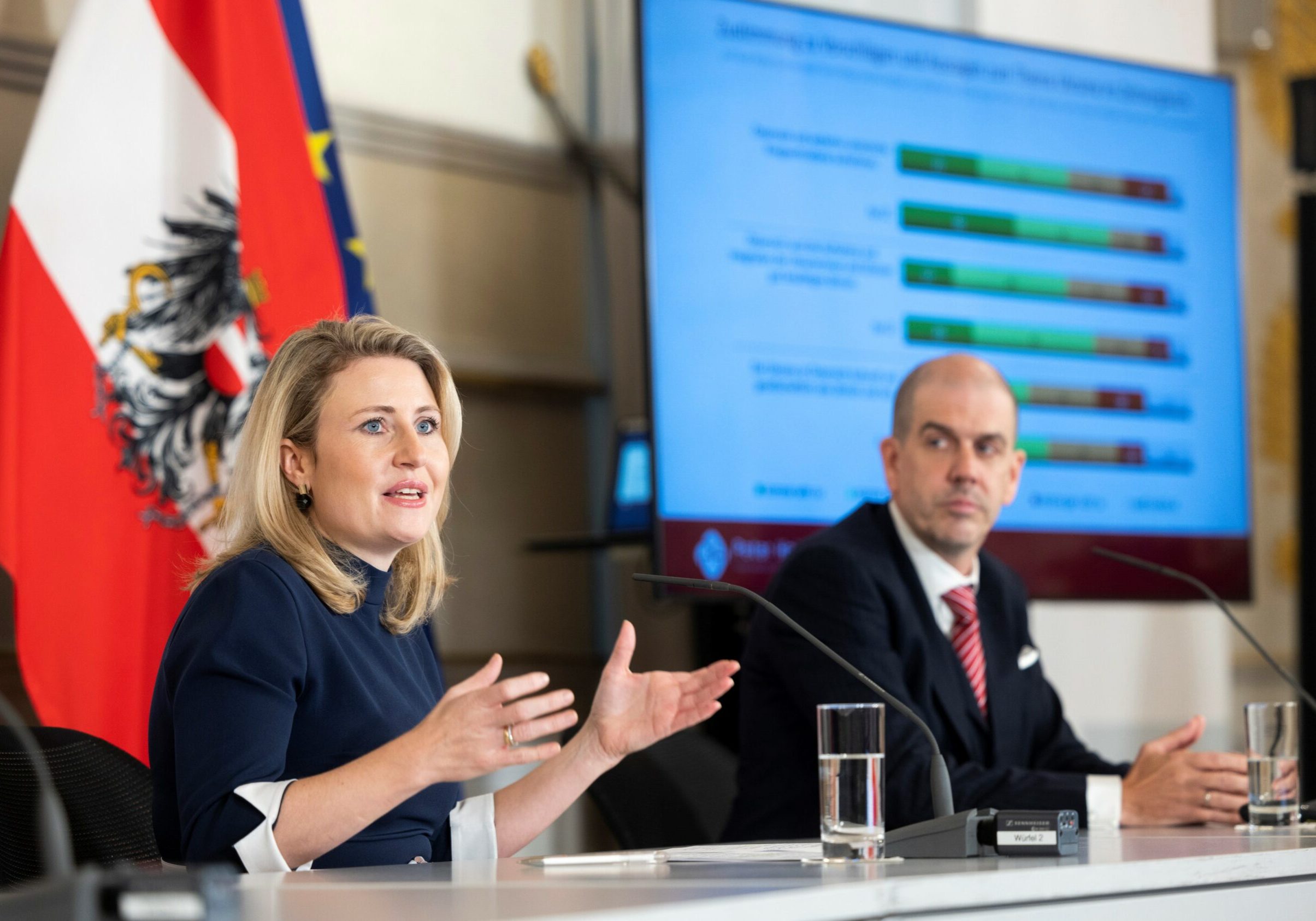 Integration in den Arbeitsmarkt muss gelingen: Ministerin Susanne Raab mit Meinungsforscher Peter Hajek. Foto: Bka/Dunker