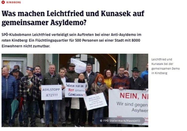 Die FPÖ demonstriert in Kindberg (Stmk.) gegen Asyl, und SPÖ-Abg. Leichtfried demonstriert mit - während sein Parteifreund und Wiener Bürgermeister, Michael Ludwig,von den Ländern die Aufnahme von Asylwerbern fordert. Bild: Screenshot Kleine Zeitung vom 9.11.2022