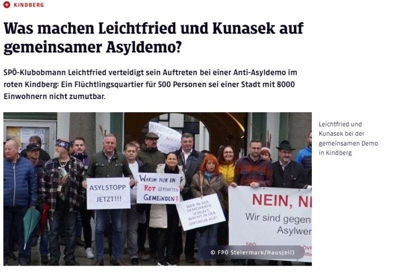 Die FPÖ demonstriert in Kindberg (Stmk.) gegen Asyl, und SPÖ-Abg. Leichtfried demonstriert mit - während sein Parteifreund und Wiener Bürgermeister, Michael Ludwig,von den Ländern die Aufnahme von Asylwerbern fordert. Bild: Screenshot Kleine Zeitung vom 9.11.2022