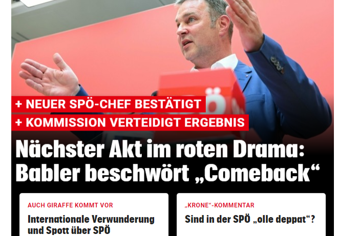 Der Weg zur neuen Parteiführung der SPÖ führte über Pannen und Rücktritte, Medien berichteten von Drama und von Chaos (Bild: Krone online, Screenshot).