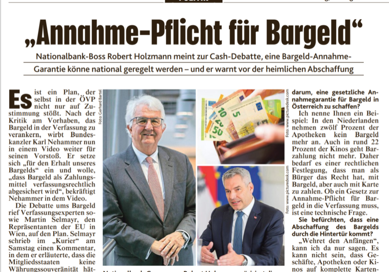 Klares Votum für die Verpflichtung, Bargeld anzunehmen: Nationalbank-Gouverneur Robert Holzmann im Krone-Interview.