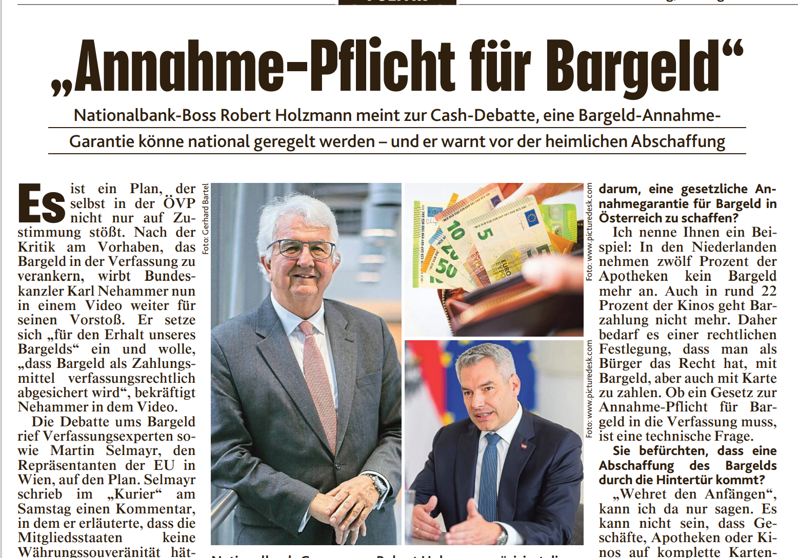 Klares Votum für die Verpflichtung, Bargeld anzunehmen: Nationalbank-Gouverneur Robert Holzmann im Krone-Interview.