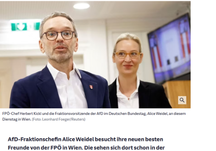 Regelmäßige Treffen in Wien und Kooperation: FPÖ-Klubobmann Herbert Kickl und AfD-Fraktionsführerin Alice Weidel (2023). In Deutschland bleibt die AfD unter Beobachtung des Verfassungsschutzes. Bild: Screenshot SZ
