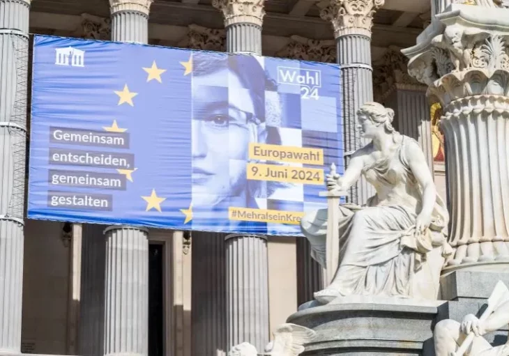 Eine volle Breite an Wahlappellen werden an die Öffentlichkeit gerichtet: Am 9. Juni wählt Österreich die nächsten Mitglieder des Europäischen Parlaments. Die Landes- und die Teilorganisationen der ÖVP argumentieren intensiv für das Team. Bild: Aufruf an der Demokratie und Parlament, Träger der Leitkultur. Foto: Michael Buchner