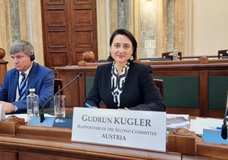 Setzt sich auch auf internationaler Ebene ein. ÖVP-Abgeordnete Gudrun Kugler bei der OSZE-Jahrestagung in Bukarest. Parlamentsdirektion/Tabitha Rauscher