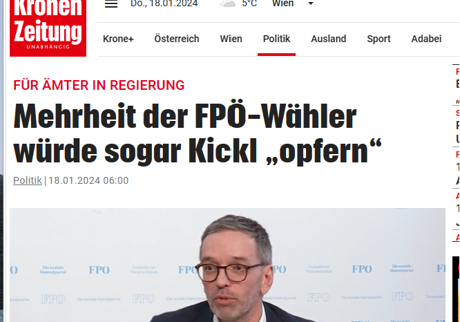 "Volkskanzler" ohne Volk: Die Mehrheit jener Personen, die laut Umfragen bei der nächsten Nationalratswahl die FPÖ wählen würden, ist dafür, auf Herbert Kickl in der Regierung zu verzichten, wenn dafür die FPÖ mitregieren kann. Foto: Screenshot Krone.at