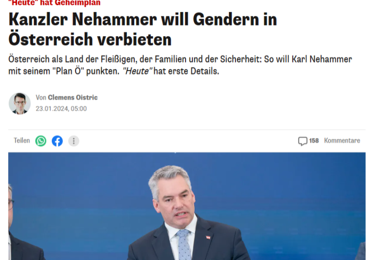 Karl Nehammer, Bundeskanzler und ÖVP-Parteiobmann, präsentierte diese Woche den "Österreich-Plan". Ein Vorschlag darin lautet, die Verwaltungssprache zu vereinfachen, also Gleichstellung von Mann und Frau zu beachten, aber das Binnen-I und ähnliches aus dem Amtsdeutsch zu entfernen. Foto: Heute-online