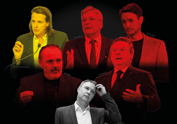 Bundesrat Adreas Babler (unten) hat als SPÖ-Vorsitzender mit Konkurrenz von Links (Andreas Wlazny, o.) sowie Rügen und gegensätzlichen Empfehlungen durch SPÖ-Granden zu kämpfen (Hans Peter Doskozil, Peter Kaiser, Michale Ludwig). Und Andreas Kowall (r.) drängt, Ex-Parteichef Alfred Gusenbauer wegen seiner Geschäfte auszuschließen. Foto-Montage: Zur-Sache