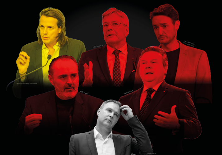 Bundesrat Adreas Babler (unten) hat als SPÖ-Vorsitzender mit Konkurrenz von Links (Andreas Wlazny, o.) sowie Rügen und gegensätzlichen Empfehlungen durch SPÖ-Granden zu kämpfen (Hans Peter Doskozil, Peter Kaiser, Michale Ludwig). Und Andreas Kowall (r.) drängt, Ex-Parteichef Alfred Gusenbauer wegen seiner Geschäfte auszuschließen. Foto-Montage: Zur-Sache