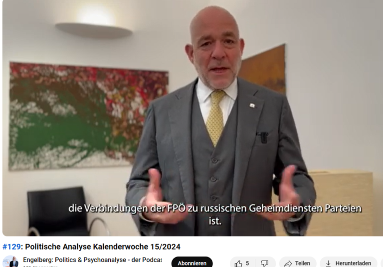 Martin Engelberg spricht in seinem Podcaste "Politics & Psychoanalyse" über Begegnungen mit Besucherinnen des Parlaments und Jugendlichen in Leoben. Und kritisiert die FPÖ wegen ihrer Verbindungen zu Russland und SPÖ-Vorsitzenden Andreas Babler wegen dessen Pläne neuerlicher Verstaatlichungen.