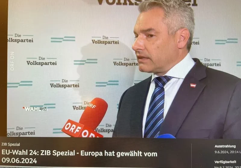 Karl Nehammer, Bundeskanzler und ÖVP-Bundesparteiobmann: Die ÖVP hat besser als prognostiziert abgeschnitten, will das Ergebnis als Botschaft verstehen und auf Unzufriedenheit mit Politik antworten. Foto: ORF, ZiB-Sondersendung zur Europawahl 2024