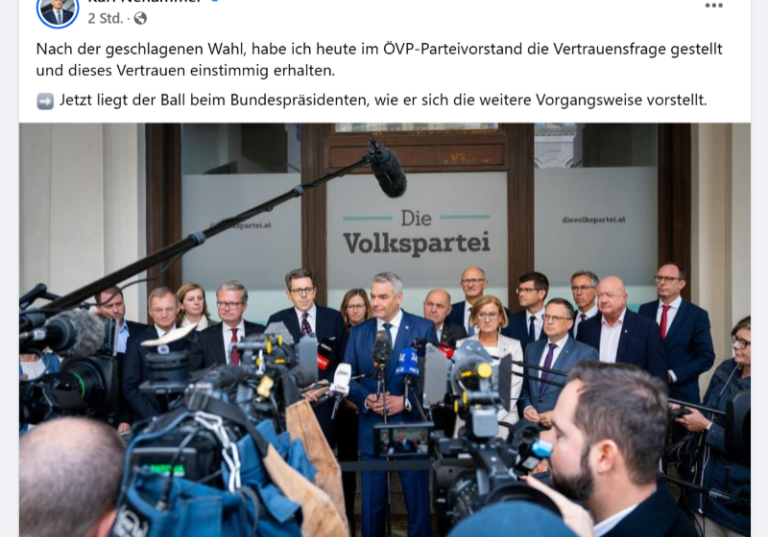 Für die Erteilung eines Sonderungsauftrages für die Bildung einer neuen Bundesregierung „liegt der Ball beim Bundespräsidentn“, erklärt Bundeskanzler Karl Nehammer. Der ÖVP-Bundesparteivorstand hatte ihm als Bundespareiobmann einstimmig das Vertrauen ausgesprochen. Bild: Nehammer/Fb