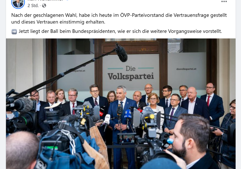 Für die Erteilung eines Sonderungsauftrages für die Bildung einer neuen Bundesregierung „liegt der Ball beim Bundespräsidentn“, erklärt Bundeskanzler Karl Nehammer. Der ÖVP-Bundesparteivorstand hatte ihm als Bundespareiobmann einstimmig das Vertrauen ausgesprochen. Bild: Nehammer/Fb