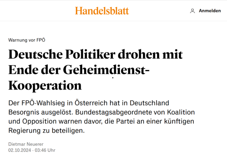 Die Mitglieder des Geheimdienste-Kontrollgremiums des deutschen Bundestages in Berlin sprechen laut Handelsblatt Klartext: Sollte die FPÖ der nächsten Bundesregierung angehören, wird die Kooperation der Geheimdienste überprüft, eventuell abgesagt. Bild: Handelsblatt/online