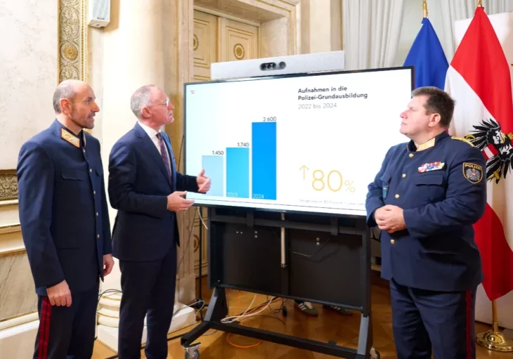 Die Bewerbungen bei der Polizei sind um 80 Prozent angestiegen: Innenminister Gerhard Karner präsentierte mit dem Generaldirektor für die öffentliche Sicherheit Franz Ruf (l.) und mit Bundespolizeidirektor Michael Takács eine Bilanz der Personaloffensive der Bundespolizei. Foto: Karl Schober