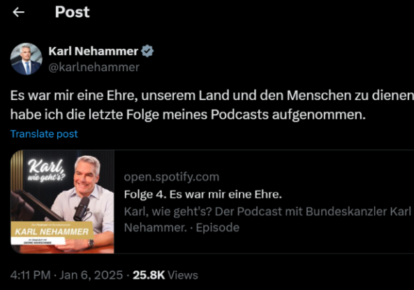 Karl Nehammer übergibt am Freitag die Funktion des Bundeskanzler, erläutert er in seinem Podcast "Karl, wie geht's?" Foto: Screenshot spotify