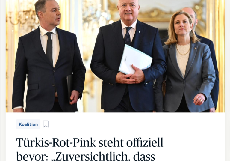 Qualifizierte politische Beobachtern erwarten nach den Gespräche und der Unterredung der Parteiführer bei Bundespräsident Van der Bellen eine Koalition aus ÖVP, SPÖ und Neos. Aufmacher von DiePresse.com am Samstag, 22. Februar. Screenshot: DiePresse.Com