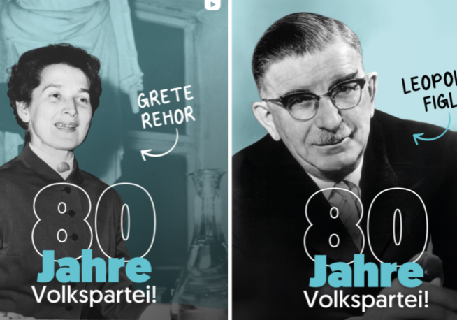Grete Rehor (1910-1987) war von 1966-1970 in der ÖVP-Alleinregierung von Kanzler Josef Klaus die erste Bundesministerin der Zweiten Republik, Leopold Figl (1902-1965) war von 1945 bis 1953 erster Bundeskanzler der Zweiten Republik. Beide Persönlichkeiten stehen für das Selbstverständnis der ÖVP als staatstragende Partei Österreichs. Foto: Screenshot instagram.com/volkspartei