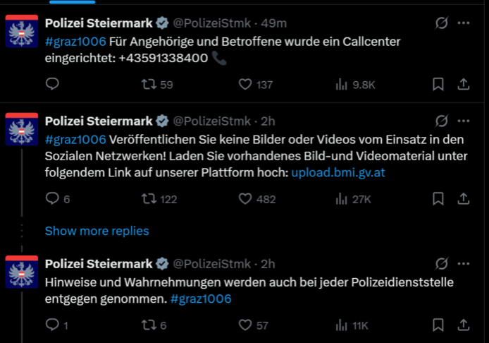 Österreich im Schock: Nach einem Amoklauf am BORG in Graz mit zehn Todesopfern informierte die Polizei laufend auf X. Screenshot LPD Stmk.