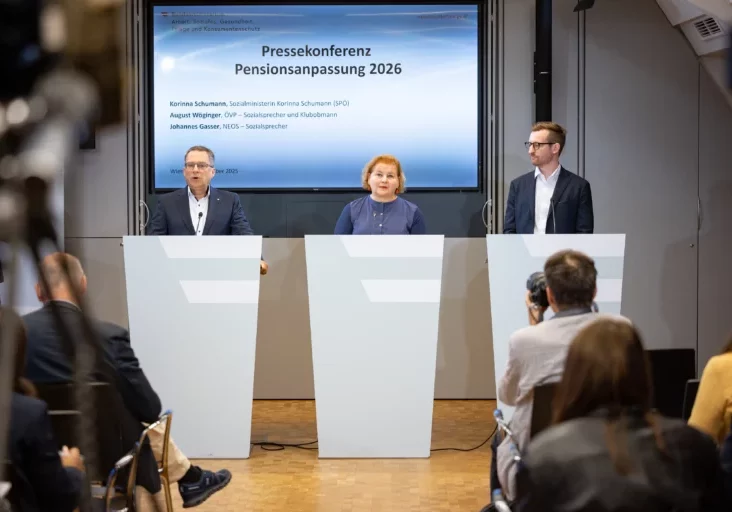 Für die überwiegende Mehrheit der Pensionsbezieher ist eine volle Inflationsabgeltung vorgesehen: ÖVP-Klubobmann August Wöginger, Sozialministerin Korinna Schumann (SPÖ) und NEOS-Sozialsprecher Johannes Gasser präsentierten am Freitag die Einzelheiten zur Pensionsanpassung 2026. Foto: Jakob Glaser