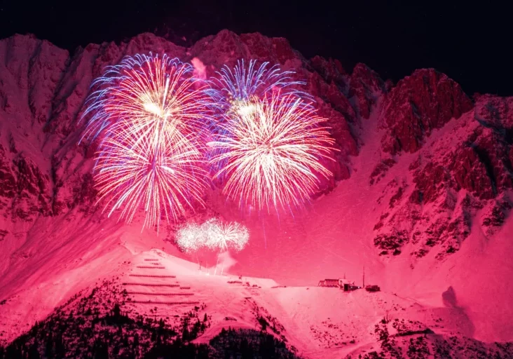 Prosit 2026: Das bringt das Neue Jahr an Weichenstellungen und an Perspektiven. Bild: Feuerwerk auf der Nordkette bei Innsbruck. Foto: Imago / Michael Kristen