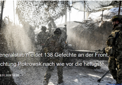 Das erste Risiko ist der Krieg Russlands gegen die Ukraine, heißt es im Lagebericht 2026 zu den Risiken für Österreichs Sicherheit. Russland überfiel vor nahezu vier Jahren militärisch die Ukraine, Ukrinfo (oben) meldete am 26. Jänner 2026 138 Gefechte an der Front. Screenshot Ukrinfo