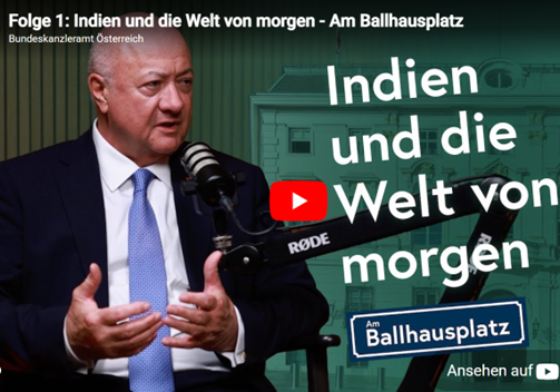 "Am Ballhausplatz" ist der Titel eines neuen Podcast aus dem Bundeskanzleramt. Zum Auftakt berichtet Regierungschef Christian Stocker über die Reise nach Indien und den Business Summit in Delhi. Screenshot Bka