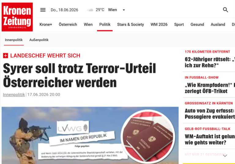 Das Innenministerium legt eine Revision gegen die Staatsbürgerschaft für einen wegen Terror verurteilten Syrer ein. Bild: Screenshot krone.at