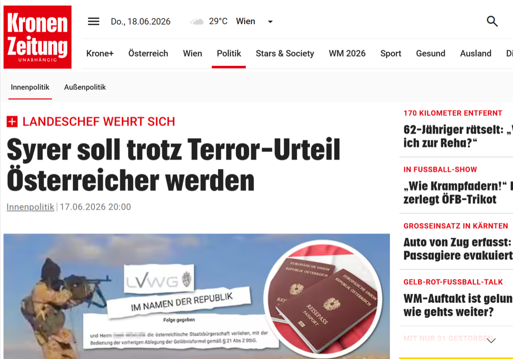 Das Innenministerium legt eine Revision gegen die Staatsbürgerschaft für einen wegen Terror verurteilten Syrer ein. Bild: Screenshot krone.at