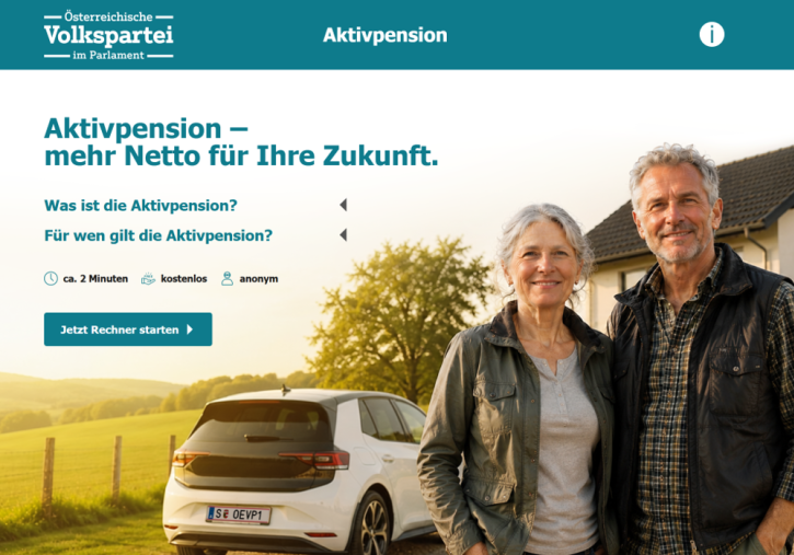 Der anonym nutzbare Aktivpensionsrechner gibt unverbindliche Auskunft über die zu erwartende Entlastung. (Screenshot; Bild KI-generiert).