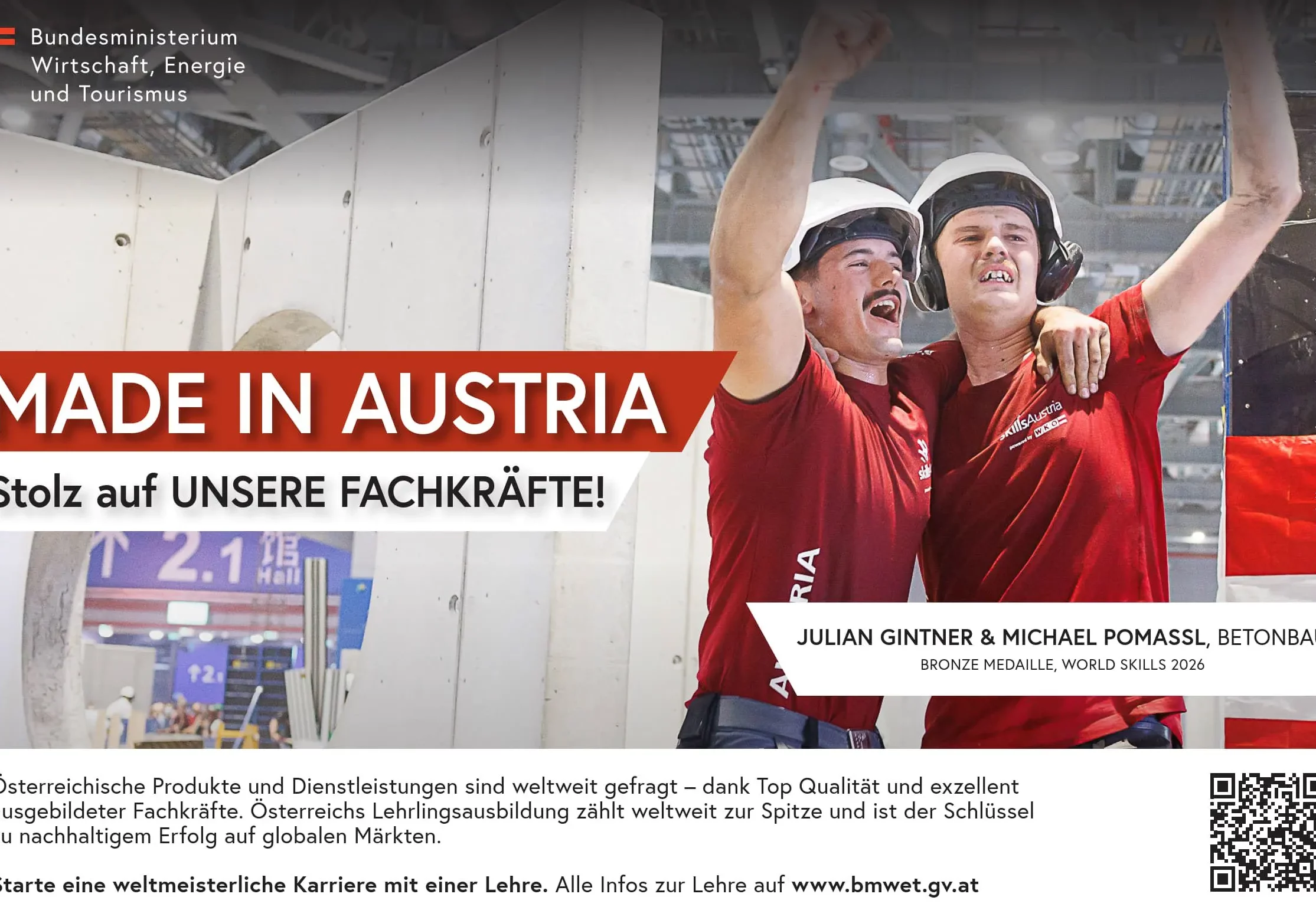 Julian Gintner und Michael Pomassl belegten bei den World Skills in der Kategorie Betonbau den dritten Platz. Sie stehen für Leistung der Lehre und eine Imagekampagne. Foto: BMWET
