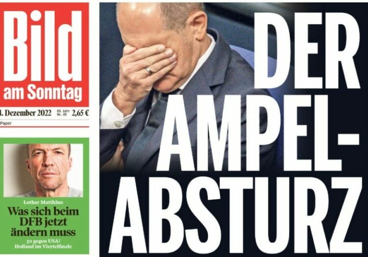 Für die deutsche Bild am Sonntag hat die deutsche Ampel-Regierung voll "abgeschmiert". Ein Jahr nach Amtsantritt hat Olaf Scholz samt Regierungsteam in der Bevölkerung kein Vertrauen mehr. Foto: Screenshot Zur-Sache/bild.de