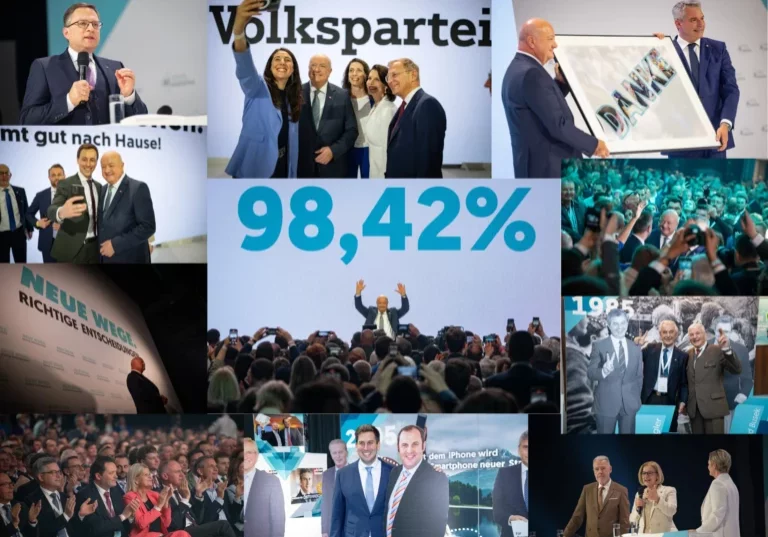 Bundeskanzler Christian Stocker wurde mit einer überwältigenden Mehrheit von 98,42 Prozent zum neuen Bundesparteiobmann der ÖVP gewählt. Fotos: ÖVP/Glaser, Gruber, Monihart