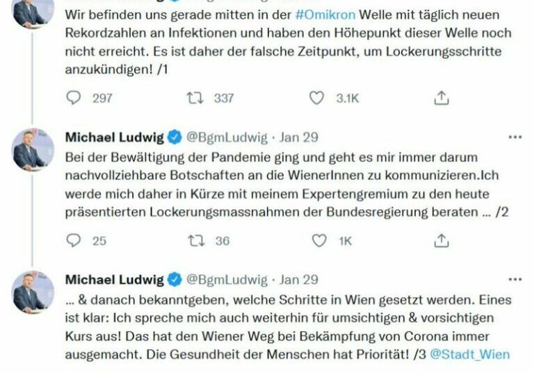 Wiens Bürgermeister Michael Ludwig spricht sich auf Twitter nicht für Öffnungen aus. Faksimile: Twitter / Michael Ludwig