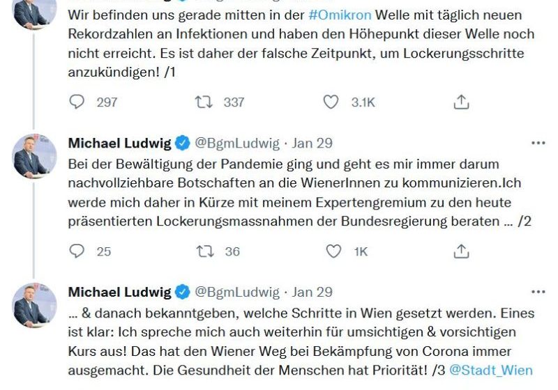 Wiens Bürgermeister Michael Ludwig spricht sich auf Twitter nicht für Öffnungen aus. Faksimile: Twitter / Michael Ludwig