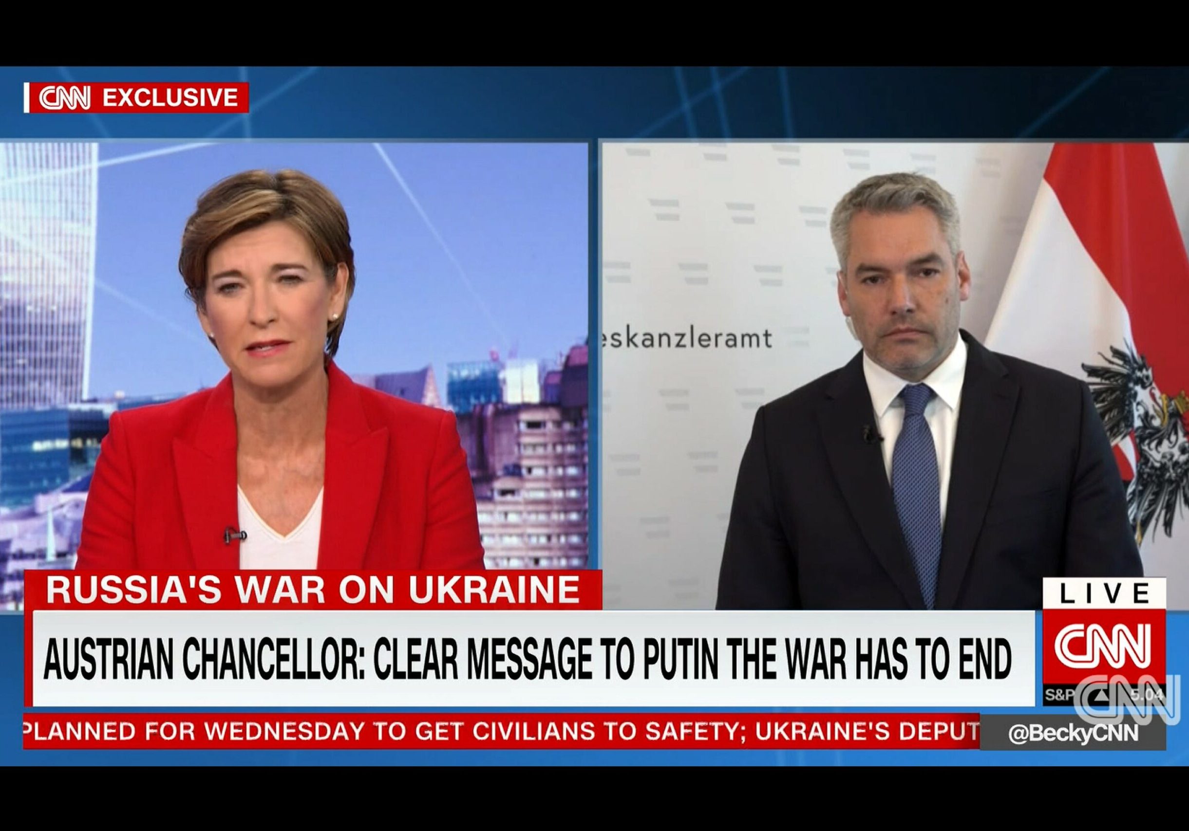 In der Nachrichtensendung "Connect the World" des US-Nachrichtensenders CNN gab Bundeskanzler Nehammer weitere Einblicke in sein Gespräch mit Wladimir Putin. Fot: screenshot cnn.com