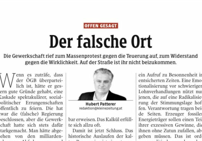 In seinem Leitartikel kritisiert der Chefredakteur der Kleinen Zeitung die Gewerkschaft und findet nach Abschaffung der Kalten Progression Anerkennung für die Regierung. Foto: Screenshot Zur-Sache / Kleine Zeitung.