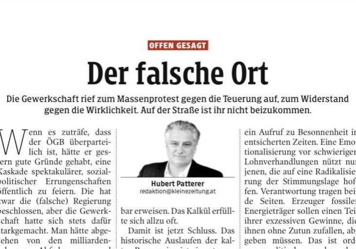 In seinem Leitartikel kritisiert der Chefredakteur der Kleinen Zeitung die Gewerkschaft und findet nach Abschaffung der Kalten Progression Anerkennung für die Regierung. Foto: Screenshot Zur-Sache / Kleine Zeitung.
