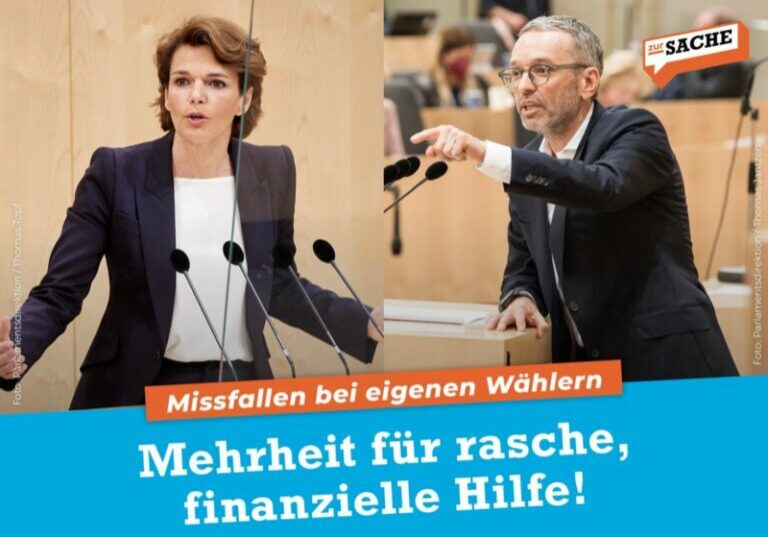 Oppositionsführer Rendi-Wagner (SPÖ) und Kickl (FPÖ) stimmten gegen die Sofortmaßnahmen der Regierung, doch die Mehrheit ihrer Wähler ist dafür. Grafik: Zur Sache / Quelle: IfDD